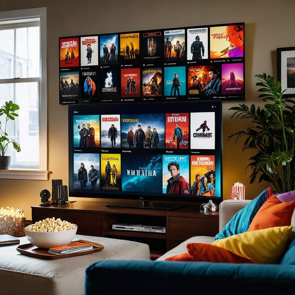 A cozy living room scene with a large screen displaying an online movie streaming platform. A bowl of popcorn and a soft blanket are placed on a couch. Soft ambient lighting creates a warm atmosphere, and various movie posters are seen in the background. An inviting laptop is open with a colorful interface of online film options. Add an exciting, cinematic vibe. vibrant colors. super-realistic.