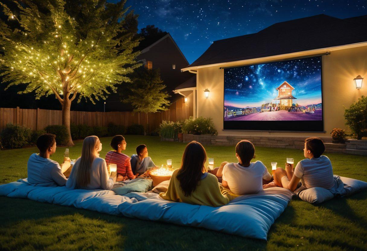 A captivating digital scene showcasing a diverse group of people joyfully watching a movie on a large screen outdoors, surrounded by twinkling fairy lights and comfy blankets. Emphasize a laptop with movie downloads displayed beside popcorn and drinks, highlighting the theme of free entertainment. The background should feature a starry night sky for a cozy feel. vibrant colors. 3D.