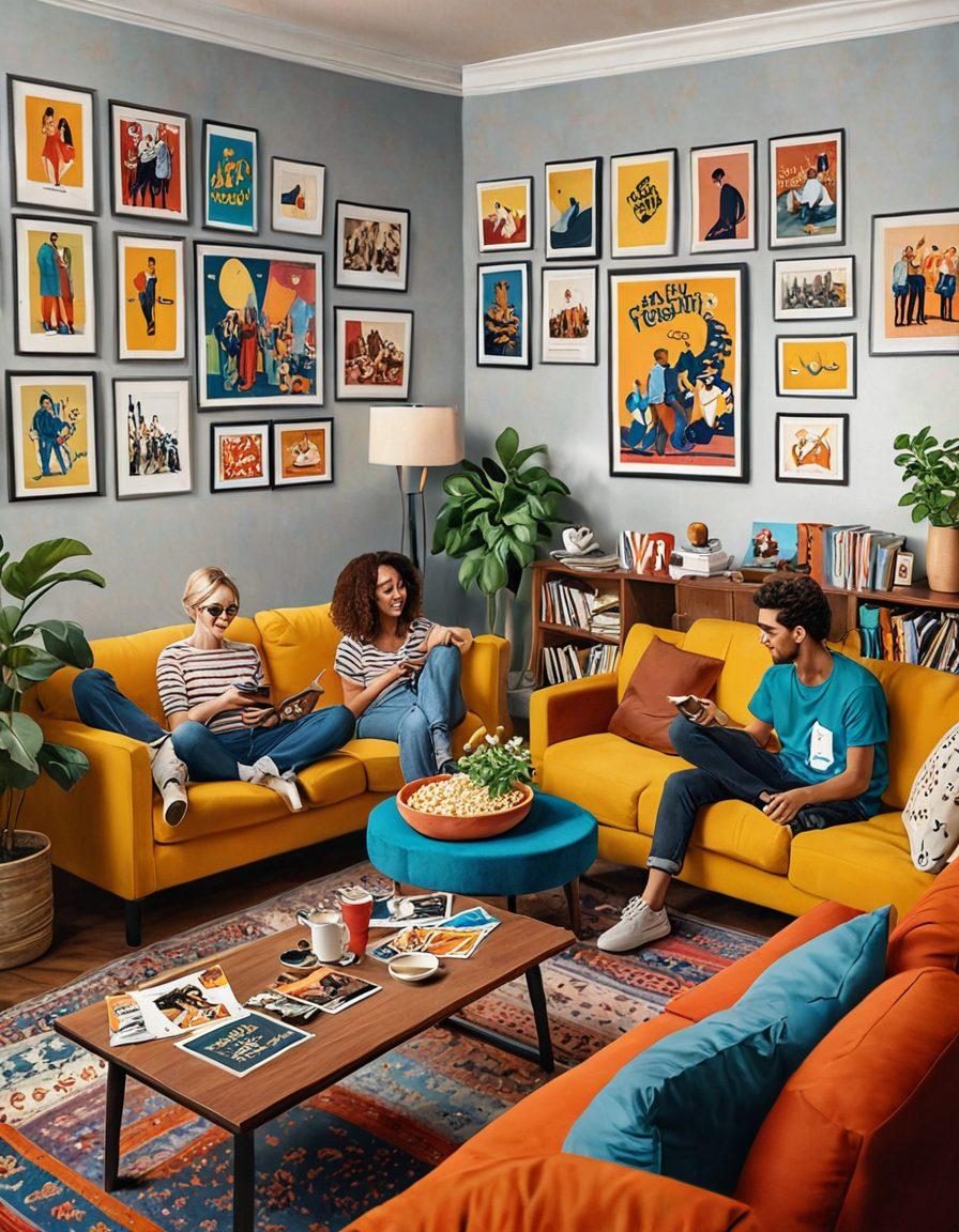 A vibrant collage featuring a diverse group of people joyfully watching various movie and show posters in a cozy living room setting, with an overflowing popcorn bowl and drinks. Include elements like film reels, music notes, and cloud symbols representing streaming services. The atmosphere should feel warm and inviting, emphasizing free enjoyment of entertainment. colorful illustration. cozy style. bright and cheerful.